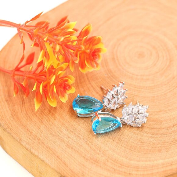 Elegant White Gold Plated Dangle Cubic Zirconia Earrings with Teardrop Design, I - Picture 4 of 9